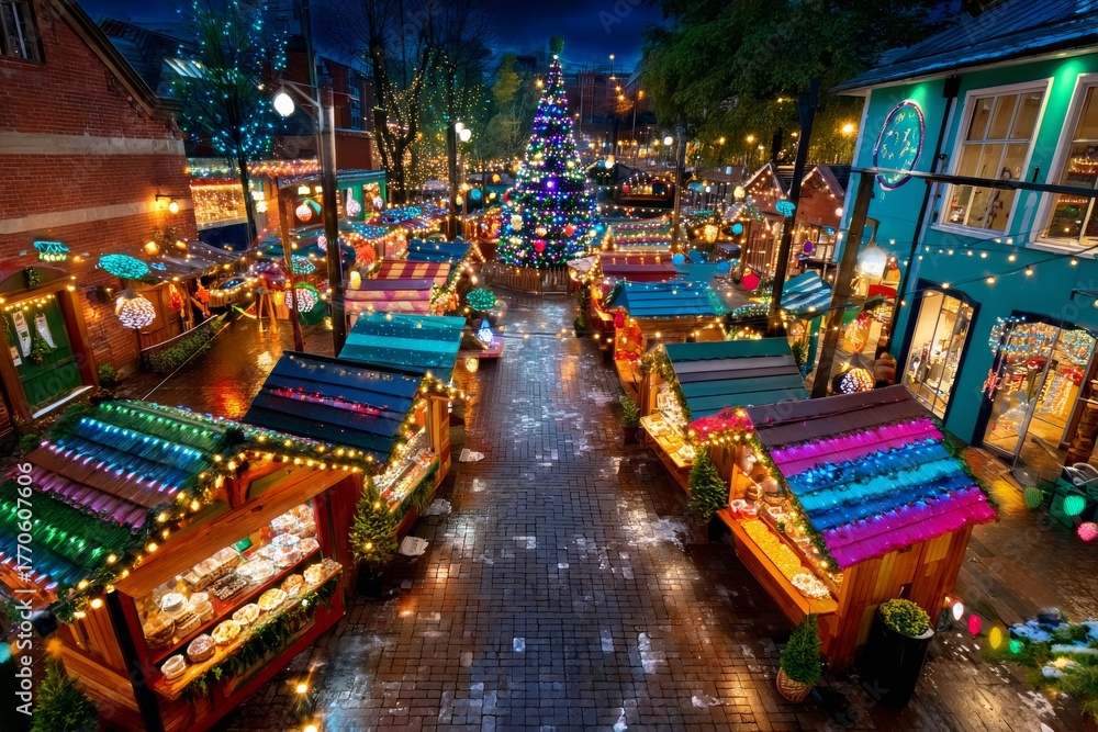 Naklejka premium Celebración de Navidad y Año Nuevo en un mercado iluminado lleno de decoraciones festivas