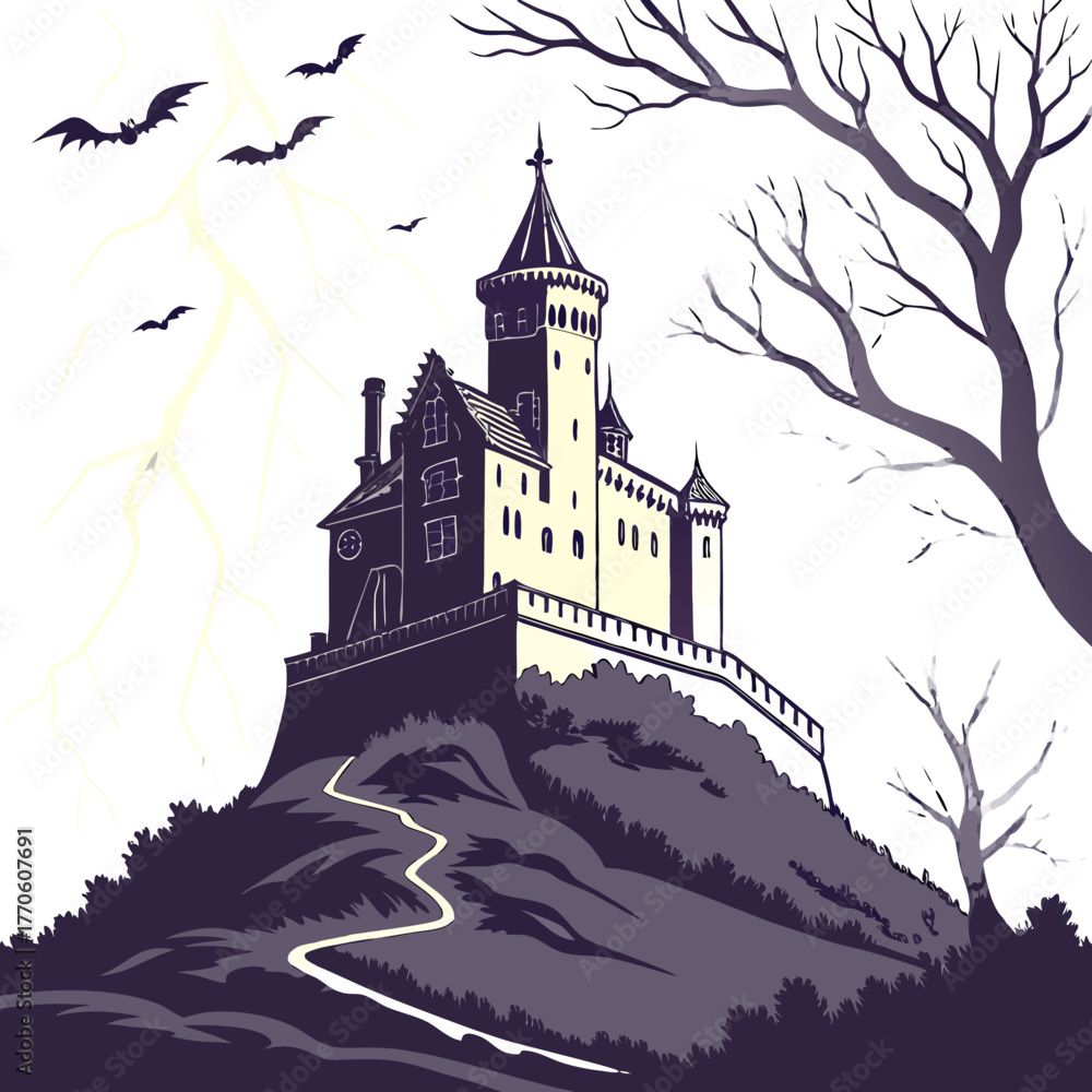 Obraz premium Gothic Haunted Castle Vector Illustration – Creepy Halloween Background with Bats, Scary Trees, and Lightning