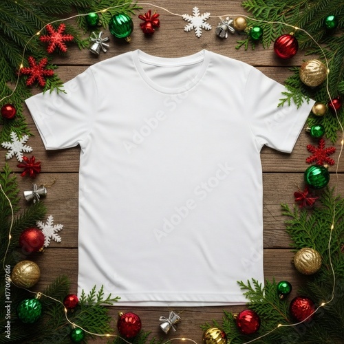 Blank white tshirt on a wooden background framed with christmas decorations and evergreen branches creating a festive scene