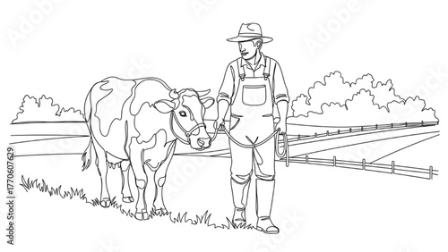 Farmer leading cow continuous black line art, rural field simplicity and effort minimalist vector illustration on white background