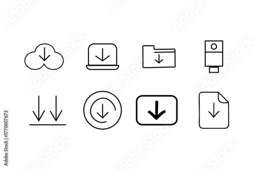 Set of download icons representing various file types and sources