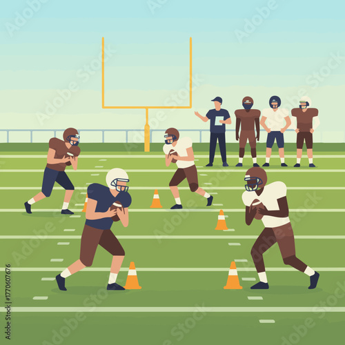 Training and Practice Session
players training on field with cones and footballs, coach instructing in background,
