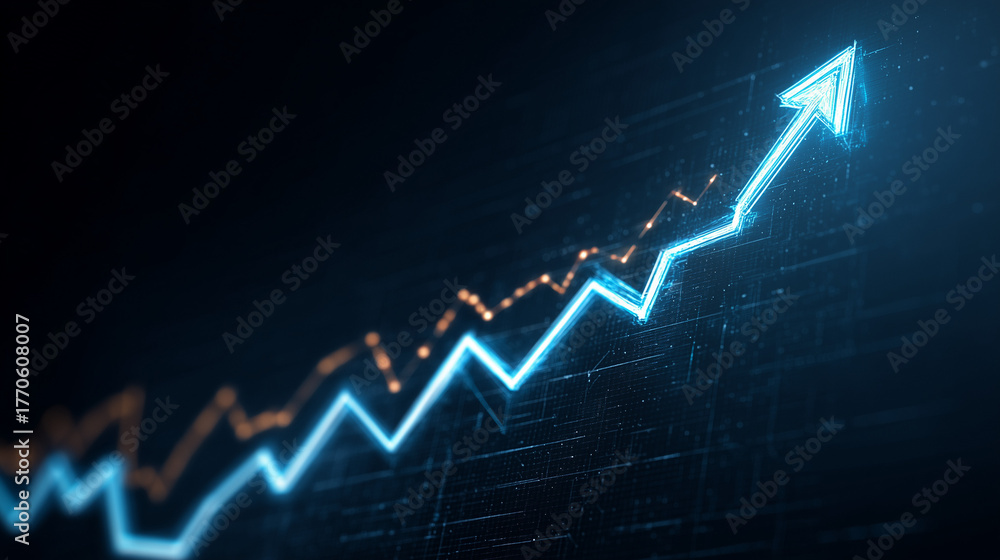 Naklejka premium Gráfico com seta para cima simboliza crescimento financeiro, bons resultados, avanço empresarial, metas atingidas e evolução constante em cenário econômico positivo