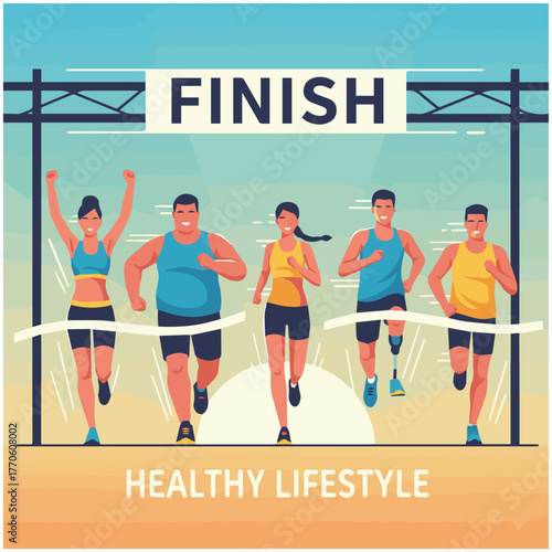 rununners of different genders and body types crossing the finish line or jogging through a park.