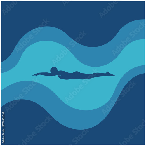Minimal Swimmer Silhouette

minimalist vector illustration of swimmer silhouette gliding underwater, simple flat colors, modern composition, geometric water waves, calm balanced design, editorial styl