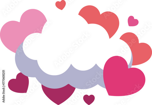 Vector graphic of a whimsical white cloud surrounded by numerous pink and red hearts on a transparent background