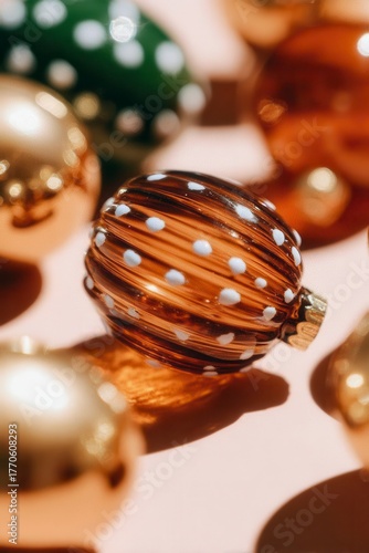  Macro Shot of Striped Copper Christmas Ornament with White Polka Dots