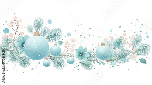 Elegant Pastel Holiday Border with Winter Greenery and Baubles for Christmas Decor. Christmas and New Year Garland