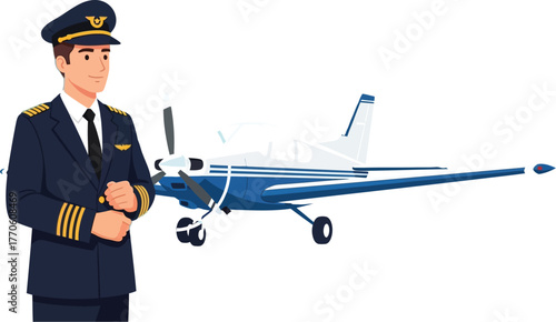 Confident pilot in uniform standing in front of a small airplane