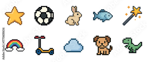 Pixel art collection: star, soccer ball, rabbit, fish, magic wand, rainbow, scooter, cloud, dog, dinosaur