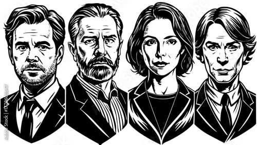 Very beautiful series of 6 avatars drawn with clean black rapidograph lines, depicting middle-aged characters aged 40–50, a mix of male and female faces, confident expressions, short and medium hairst