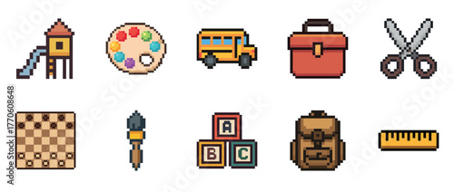 Pixel art school icons: playground, paint, school bus, briefcase, scissors, chess, brush, blocks, backpack, ruler