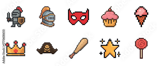Pixel art icons: knight, mask, desserts, crown, star, lollipop
