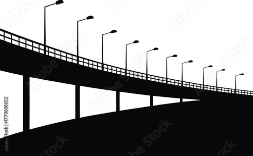 Perspective view of elevated highway with streetlights silhouette vector illustration