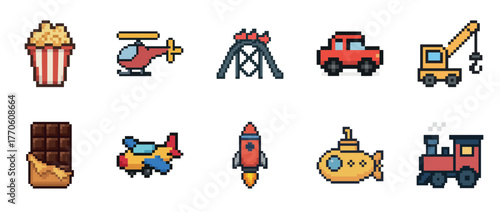 Pixel art icons of vehicles and treats: helicopter, train, chocolate, popcorn, submarine, rocket