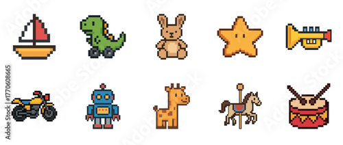 Collection of colorful pixel art icons featuring toys and animals