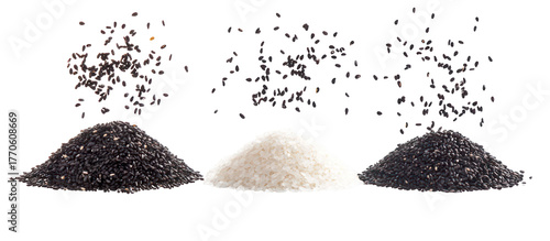 Piles of Sushi Rice, Black Rice, and Jasmine Rice Falling on Transparent Background