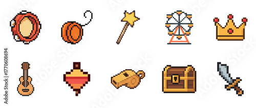 Pixel art icons of tambourine, yoyo, magic wand, ferris wheel, crown, guitar, top, whistle, chest, sword
