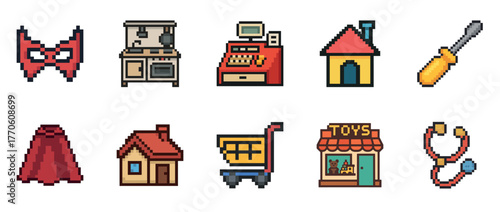 Pixel art icons: superhero mask, household items, toy store, medical tools