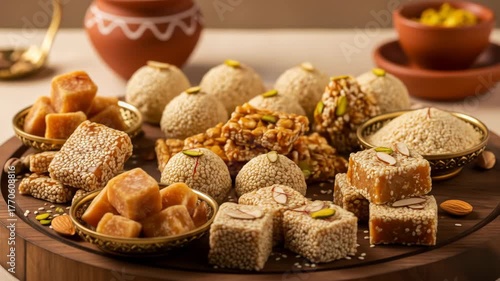 Artisanal Indian Festive Sweets Displayed on Wooden Tray with Neutral Backdrop for Cultural Celebrations