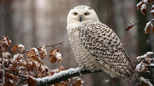 Snowy owl perched on a snow-covered branch in a winter forest scene during snowfall