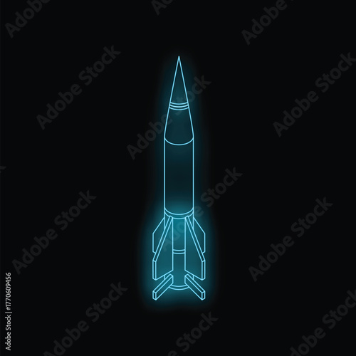 Glowing blue neon outline of a rocket missile ready for launch, representing space exploration and military technology