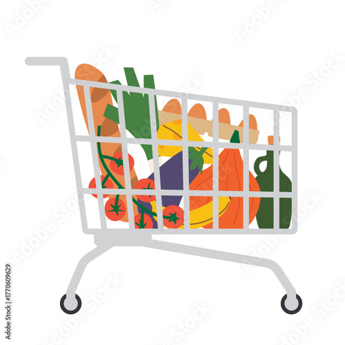 grocery shopping cart filled with food; modern supermarket concept perfect for e-commerce, retail, and marketing design projects- vector illustration