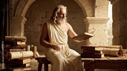 Philosopher Reading Ancient Texts in Stone Library Setting