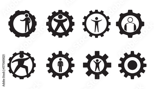 Collection eight gear icons with human figures inside, symbolizing teamwork, collaboration, and human integration within mechanical systems