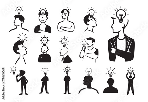 Diverse collection 15 simplified icons representing human heads with lightbulbs above them, symbolizing ideas, innovation, creativity, and brainstorming