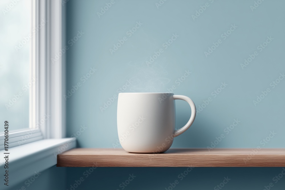 Obraz premium White coffee cup on wooden shelf with blue wall, steam rising
