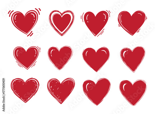 Twelve red hearts with textured, handdrawn appearance and dark outlines, arranged in three rows on, perfect for lovethemed designs