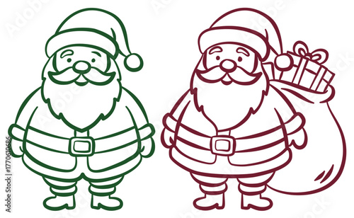 Set of two green and red hand drawn Santa Clauses, vintage elegant line art candle. Red vintage line art Santa Claus and bag with gifts.