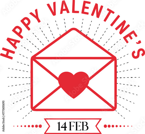 Happy Valentine’s Day Envelope Icon with Red Heart and 14 February Ribbon Banner Design