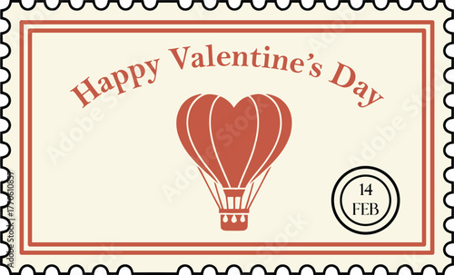 Retro Valentine’s Day Postage Stamp with Heart Shaped Hot Air Balloon and 14 February Date Design