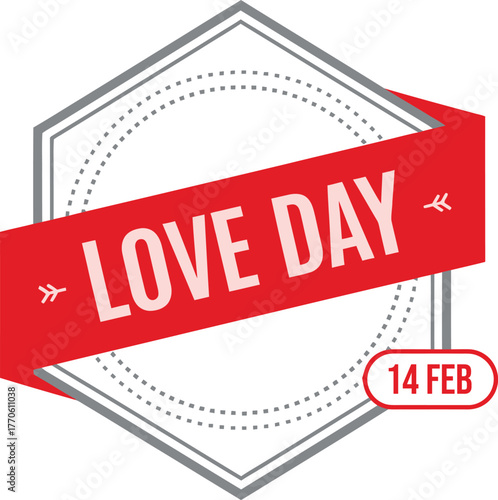 Modern Love Day Badge with Red Ribbon Banner and 14 February Typography for Romantic Celebration