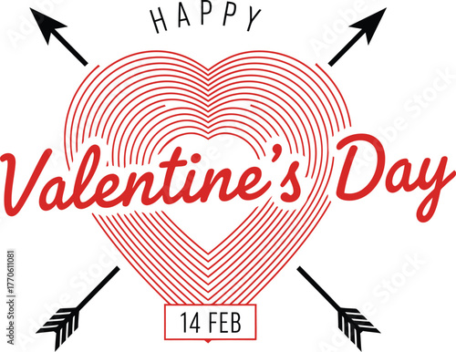 Happy Valentine’s Day Design with Red Geometric Heart Pattern Arrows and 14 February Text