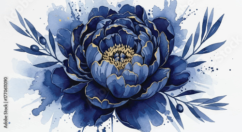 Elegant Blue Peony Flower Watercolor with Gold Accents