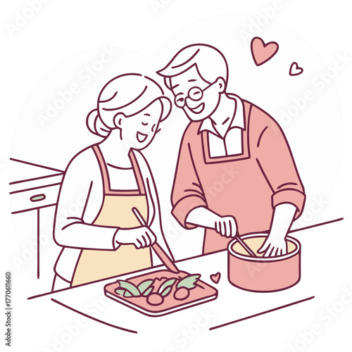 Elderly Couple Cooking Together Vector Illustration. Perfect for: family design, cooking blog visuals