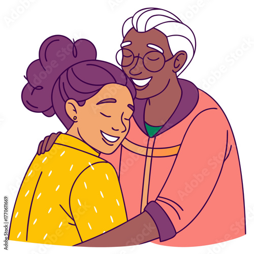 Elderly Parents Hugging Daughter Vector Illustration. Perfect for: family love, intergenerational relationship visuals