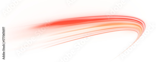 Glowing neon light trail element. Bright red-orange speed line wave luminous curved swirl concept. Shiny fiery streaks for posters, banners transfer on white background in png format.	