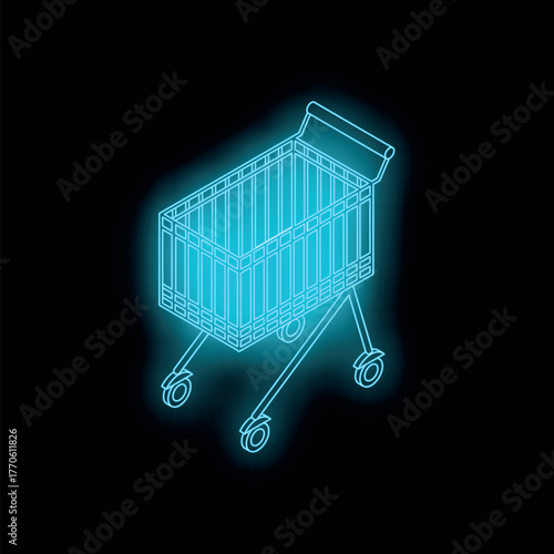 Neon blue shopping cart glowing on dark background representing online shopping and consumerism