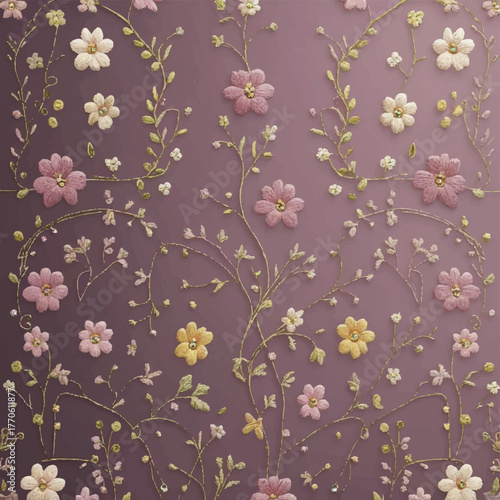 elegant floral embroidery pattern on purple background