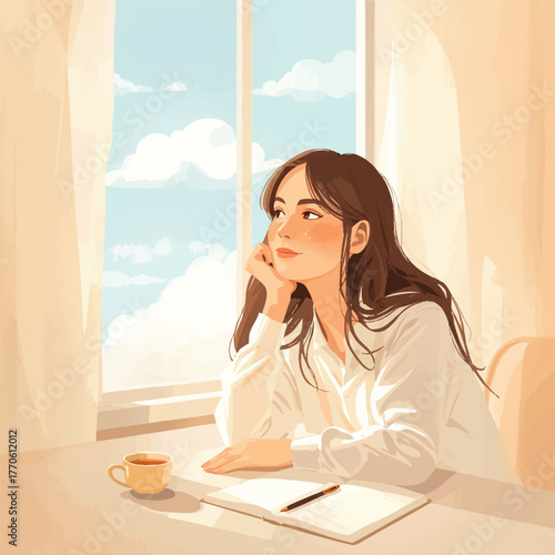 young woman daydreaming by window with coffee and notebook