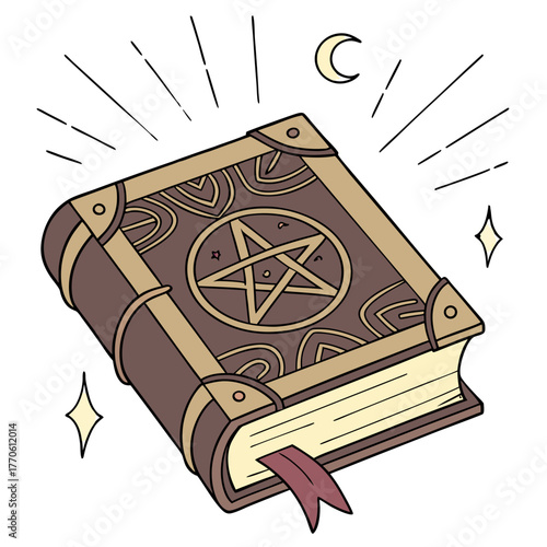 Halloween Witch Spellbook – Magic Grimoire with Pentagram, Moon, and Stars – Mystical Brown Vector Illustration of an Old Occult Tome