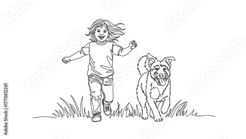 Playful child running with dog continuous black line art, joyful outdoor minimalist vector illustration on white background