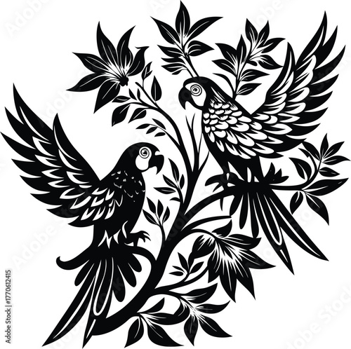 Black and white silhouette of two parrots on a branch with leaves