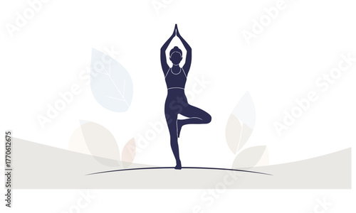 Woman In Yoga Tree Pose Silhouette With Leaves vrikshasana.