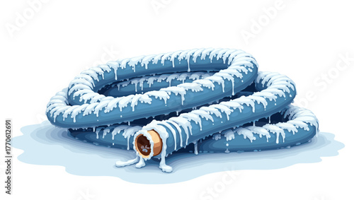 Frost on garden hose covered with thick icicles and frozen water on white background, concept of winter cold and neglected garden equipment