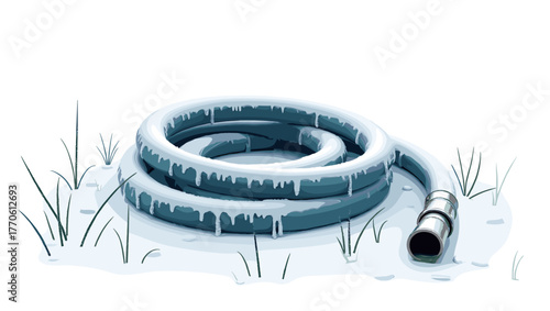 Frost on garden hose on icy ground with green grass sprouts and metallic nozzle, concept of seasonal change and early frost